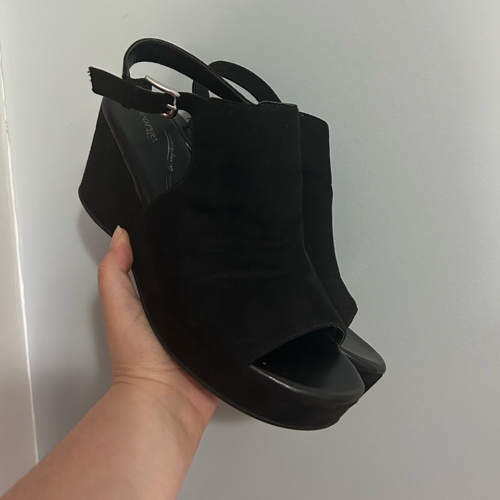 George Black Faux Suede Wedge Sandals Size 8